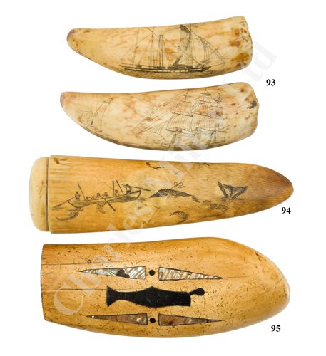 Lot 93 - Ø TWO SAILOR’S SCRIMSHAW DECORATED WHALE’S TEETH, FIRST-HALF 19TH CENTURY