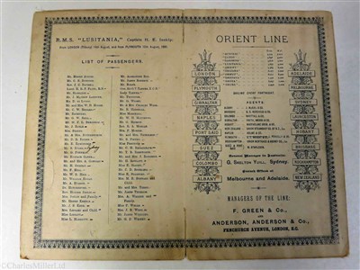 Lot 78 - ORIENT LINE: PASSENGER LIST FOR THE R.M.S. LUSITANIA, 14TH AUGUST 1891