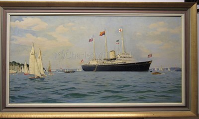 Lot 147 - δ KENNETH ALLINGTON YOCKNEY (BRITISH, 1881-1965): Royal Cowes week: H.M. the Queen and Prince Philip approaching the R.Y. 'Britannia', 1960