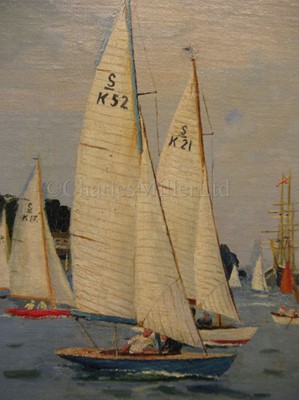 Lot 147 - δ KENNETH ALLINGTON YOCKNEY (BRITISH, 1881-1965): Royal Cowes week: H.M. the Queen and Prince Philip approaching the R.Y. 'Britannia', 1960