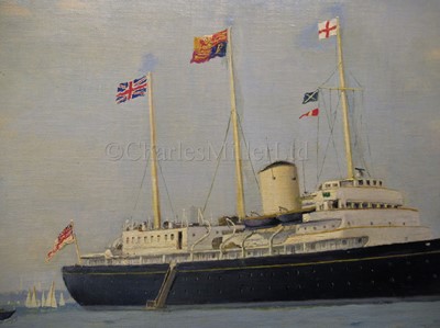Lot 147 - δ KENNETH ALLINGTON YOCKNEY (BRITISH, 1881-1965): Royal Cowes week: H.M. the Queen and Prince Philip approaching the R.Y. 'Britannia', 1960