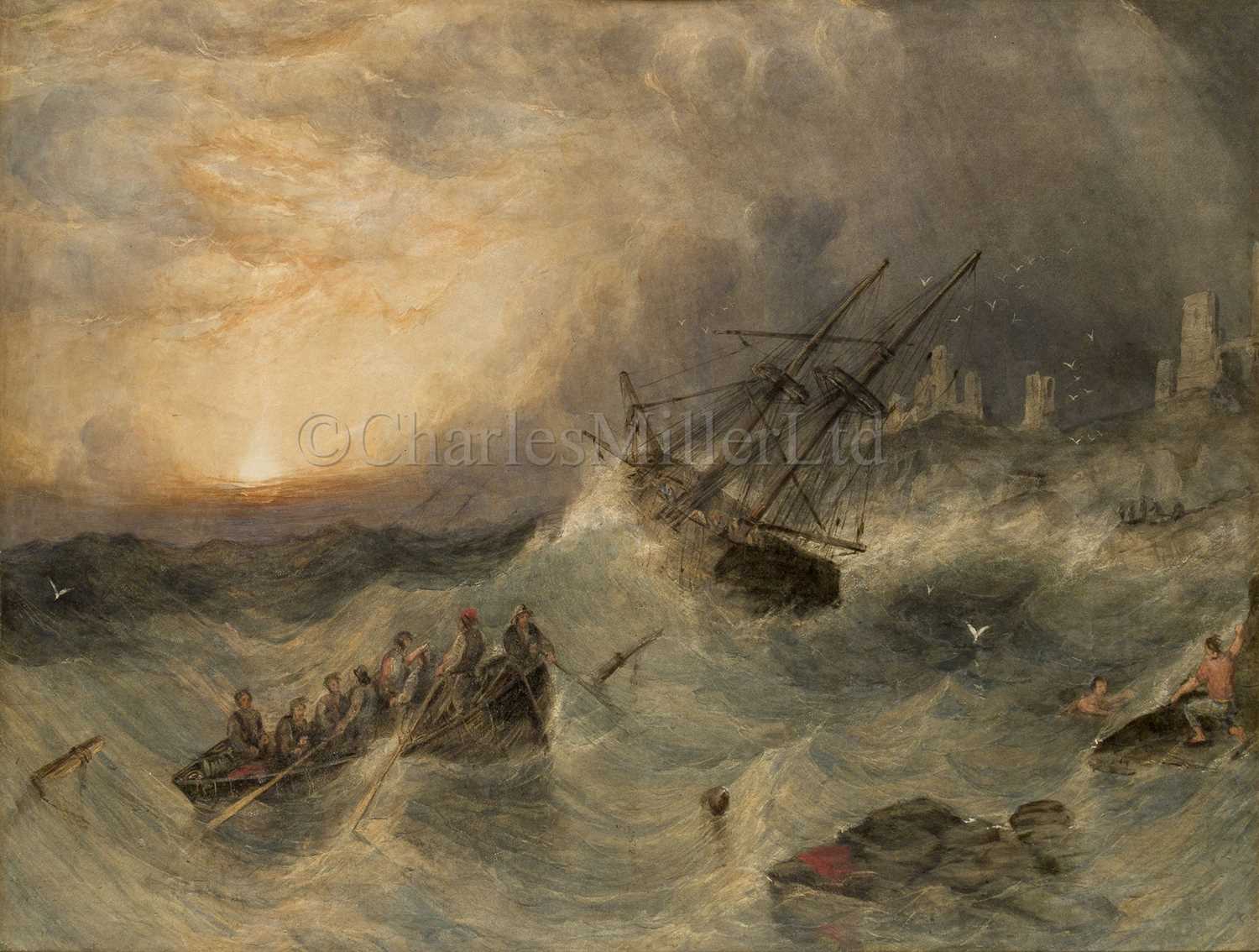 Lot 63 - ATTRIBUTED TO EDWARD DUNCAN (BRITISH, 1803-1882); A dramatic rescue off Dunstanburgh Castle