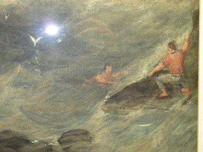 Lot 63 - ATTRIBUTED TO EDWARD DUNCAN (BRITISH, 1803-1882); A dramatic rescue off Dunstanburgh Castle