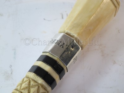 Lot 93 - Ø A RARE SILVER-MOUNTED MARINE IVORY CAGEWORK WALKING STICK, CIRCA 1898