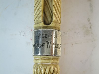 Lot 93 - Ø A RARE SILVER-MOUNTED MARINE IVORY CAGEWORK WALKING STICK, CIRCA 1898