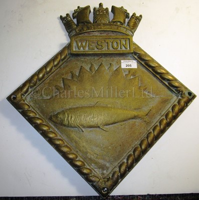 Lot 205 - A BRASS SCREEN BADGE FROM H.M.S. WESTON, CIRCA 1932