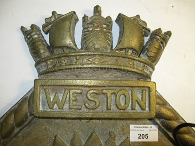 Lot 205 - A BRASS SCREEN BADGE FROM H.M.S. WESTON, CIRCA 1932