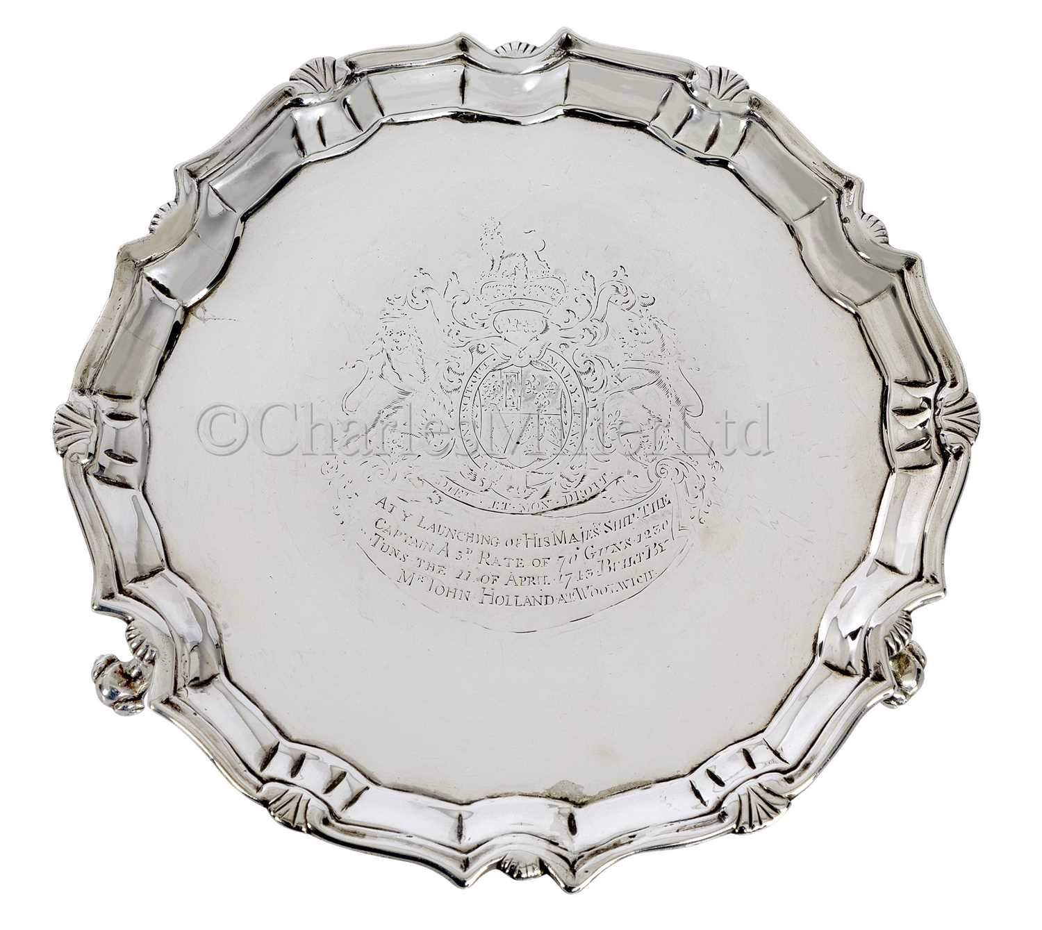 Lot 104 - A RARE PRESENTATION SALVER COMMEMORATING THE LAUNCH OF H.M.S. CAPTAIN, 1743