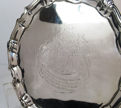 Lot 104 - A RARE PRESENTATION SALVER COMMEMORATING THE LAUNCH OF H.M.S. CAPTAIN, 1743