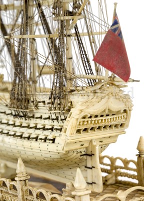 Lot 225 - AN ATTRACTIVE EARLY 19TH CENTURY FRENCH, NAPOLEONIC PRISONER OF WAR, BONE SHIP MODEL FOR A FIRST-RATE SHIP OF THE LINE