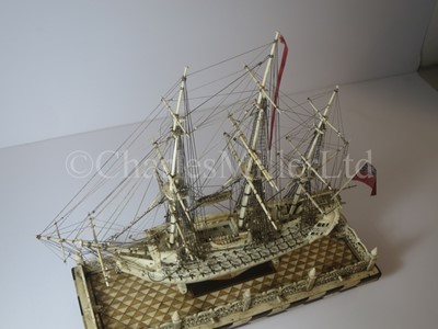 Lot 225 - AN ATTRACTIVE EARLY 19TH CENTURY FRENCH, NAPOLEONIC PRISONER OF WAR, BONE SHIP MODEL FOR A FIRST-RATE SHIP OF THE LINE