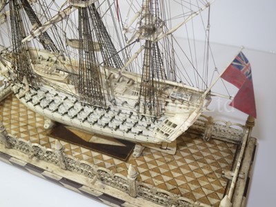 Lot 225 - AN ATTRACTIVE EARLY 19TH CENTURY FRENCH, NAPOLEONIC PRISONER OF WAR, BONE SHIP MODEL FOR A FIRST-RATE SHIP OF THE LINE