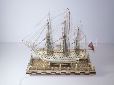 Lot 225 - AN ATTRACTIVE EARLY 19TH CENTURY FRENCH, NAPOLEONIC PRISONER OF WAR, BONE SHIP MODEL FOR A FIRST-RATE SHIP OF THE LINE
