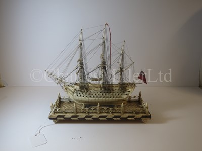 Lot 225 - AN ATTRACTIVE EARLY 19TH CENTURY FRENCH, NAPOLEONIC PRISONER OF WAR, BONE SHIP MODEL FOR A FIRST-RATE SHIP OF THE LINE