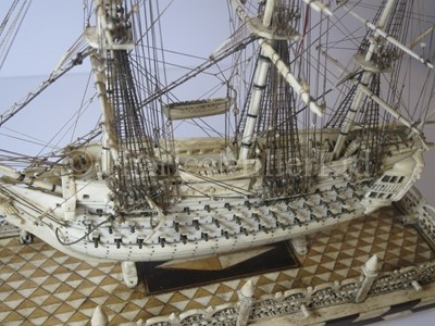 Lot 225 - AN ATTRACTIVE EARLY 19TH CENTURY FRENCH, NAPOLEONIC PRISONER OF WAR, BONE SHIP MODEL FOR A FIRST-RATE SHIP OF THE LINE
