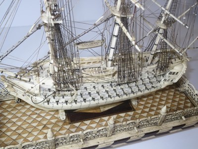 Lot 225 - AN ATTRACTIVE EARLY 19TH CENTURY FRENCH, NAPOLEONIC PRISONER OF WAR, BONE SHIP MODEL FOR A FIRST-RATE SHIP OF THE LINE