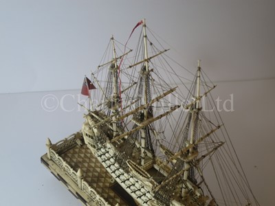 Lot 225 - AN ATTRACTIVE EARLY 19TH CENTURY FRENCH, NAPOLEONIC PRISONER OF WAR, BONE SHIP MODEL FOR A FIRST-RATE SHIP OF THE LINE