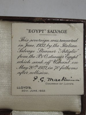 Lot 74 - A GOLD SOVEREIGN RECOVERED FROM THE WRECK OF THE P&O LINER EGYPT