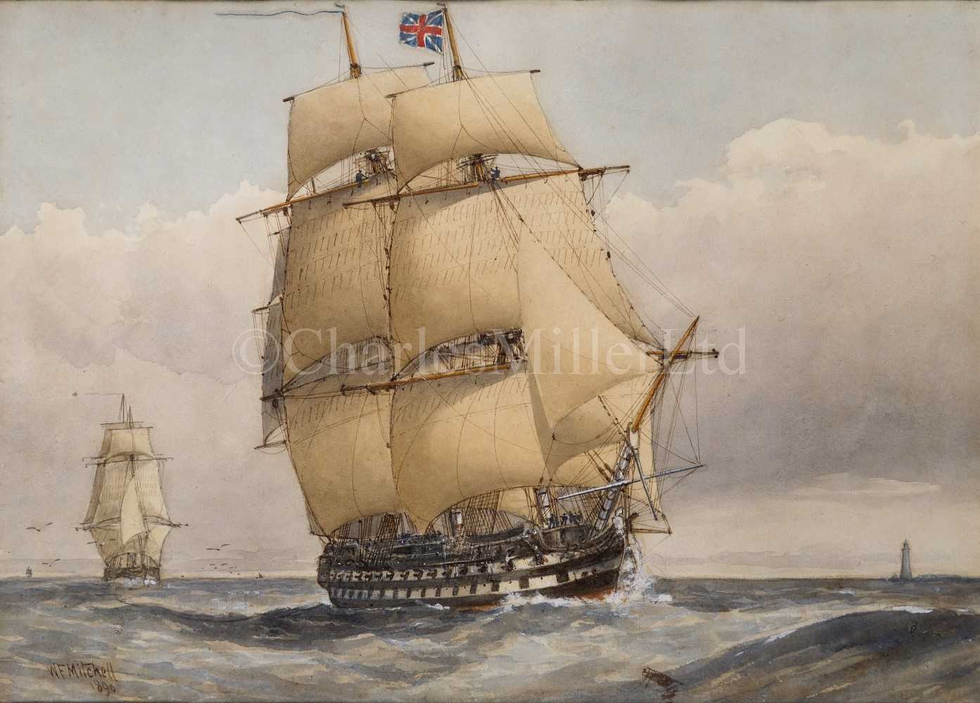 Lot 191 - WILLIAM FREDERICK MITCHELL (BRITISH, 1845-1914) - A 74-GUN SHIP-OF-THE-LINE, ABOUT 1794; BATTLE SHIP, ABOUT 1760