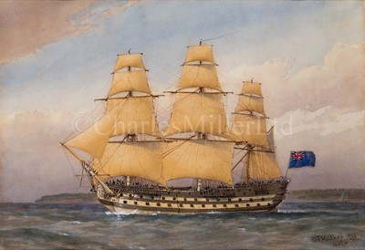 Lot 191 - WILLIAM FREDERICK MITCHELL (BRITISH, 1845-1914) - A 74-GUN SHIP-OF-THE-LINE, ABOUT 1794; BATTLE SHIP, ABOUT 1760