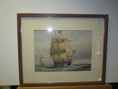 Lot 191 - WILLIAM FREDERICK MITCHELL (BRITISH, 1845-1914) - A 74-GUN SHIP-OF-THE-LINE, ABOUT 1794; BATTLE SHIP, ABOUT 1760