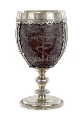 Lot 139 - AN EARLY 18TH CENTURY COCONUT CUP MOUNTED IN 17TH CENTURY 'PIRATE' SILVER