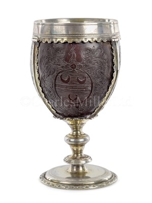Lot 139 - AN EARLY 18TH CENTURY COCONUT CUP MOUNTED IN 17TH CENTURY 'PIRATE' SILVER