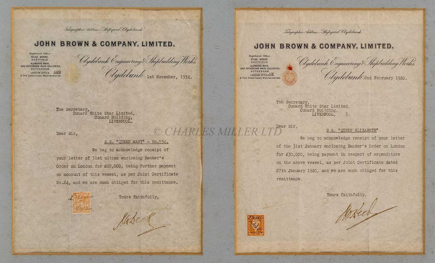 Lot 81 - CUNARD WHITE STAR LINE RMS QUEEN MARY & ELIZABETH JOHN BROWN BUILDERS RECEIPTS