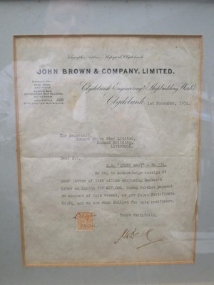 Lot 81 - CUNARD WHITE STAR LINE RMS QUEEN MARY & ELIZABETH JOHN BROWN BUILDERS RECEIPTS
