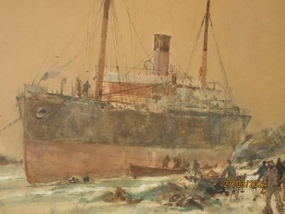 Lot 62 - CHARLES EDWARD DIXON (BRITISH, 1872-1934) - A COASTAL STRANDING, WITH LOCAL INHABITANTS ON THE FORESHORE TRYING TO ASSIST