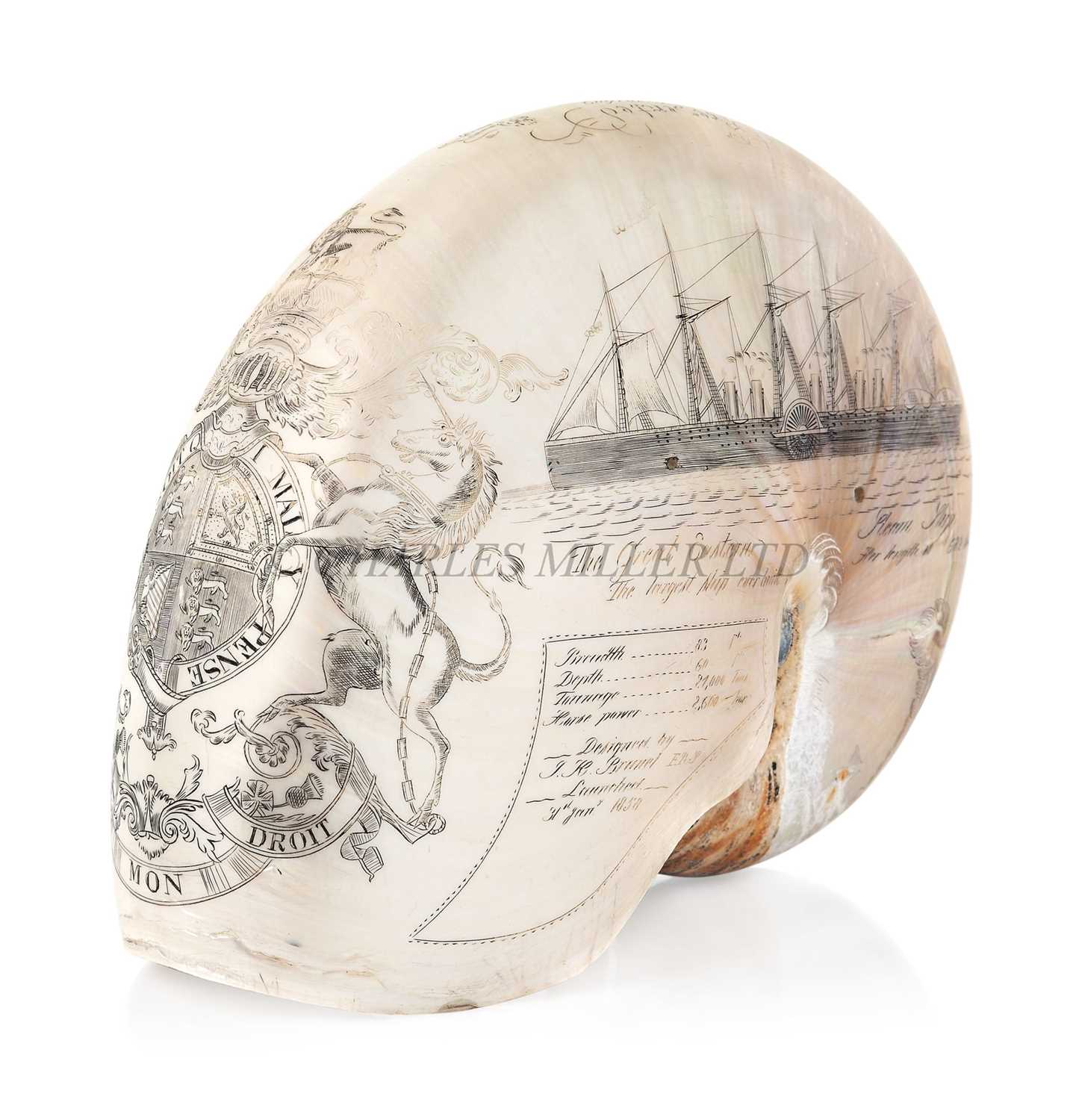 Lot 23 - A LARGE-SIZED MID-19TH CENTURY SCRIMSHAW WORKED NAUTILUS SHELL BY C.H. WOOD