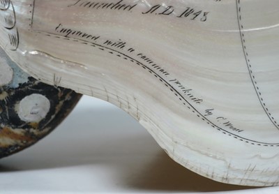 Lot 23 - A LARGE-SIZED MID-19TH CENTURY SCRIMSHAW WORKED NAUTILUS SHELL BY C.H. WOOD