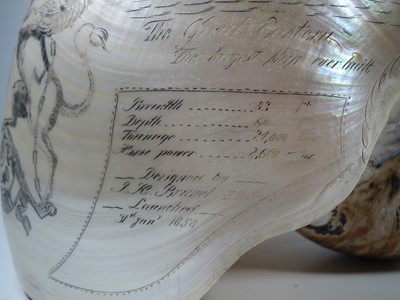 Lot 23 - A LARGE-SIZED MID-19TH CENTURY SCRIMSHAW WORKED NAUTILUS SHELL BY C.H. WOOD