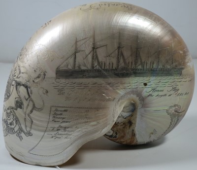 Lot 23 - A LARGE-SIZED MID-19TH CENTURY SCRIMSHAW WORKED NAUTILUS SHELL BY C.H. WOOD