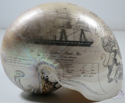 Lot 23 - A LARGE-SIZED MID-19TH CENTURY SCRIMSHAW WORKED NAUTILUS SHELL BY C.H. WOOD