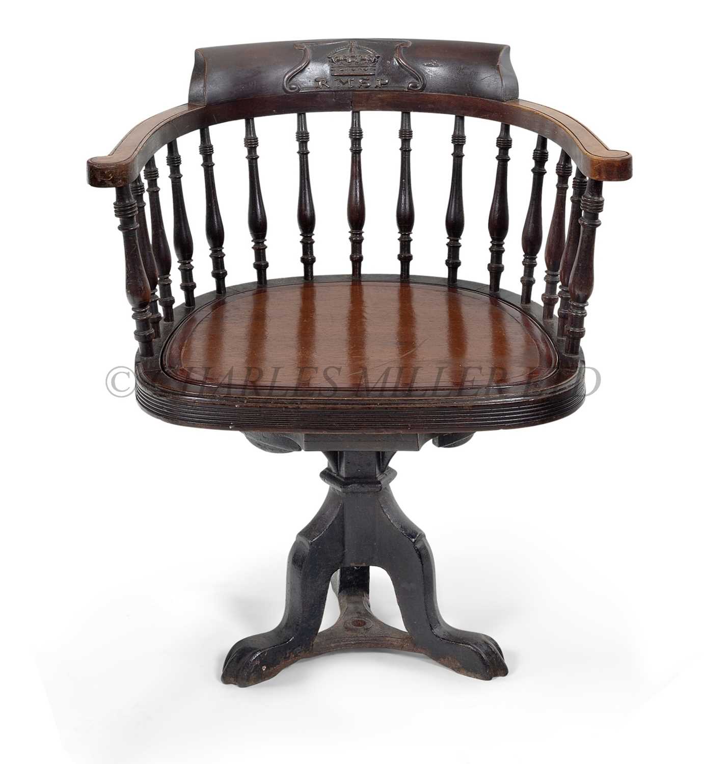 Lot 105 - A RARE EDWARDIAN FIRST CLASS POSSIBLY SMOKING ROOM CHAIR FOR THE ROYAL MAIL STEAM PACKET COMPANY, CIRCA 1905