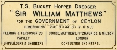 Lot 122 - A FINE BUILDER'S MIRROR-BACKED HALF MODEL OF THE BUCKET HOPPER DREDGER 'SIR WILLIAM MATTHEWS' BUILT BY FLEMING & FERGUSON, PAISLEY, FOR THE GOVERNMENT OF CEYLON, 1914