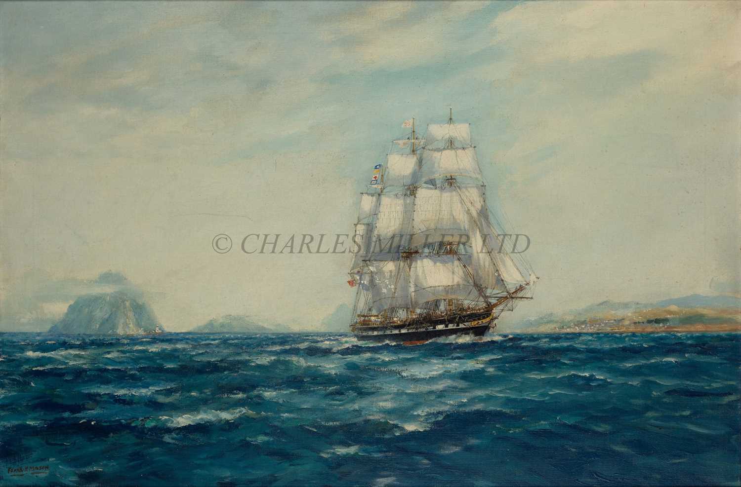 Lot 29 - δ FRANK HENRY MASON (BRITISH, 1875-1965) - The City Line's 'City of Glasgow' outward bound in the North Channel with Ailsa Craig and Stranraer behind