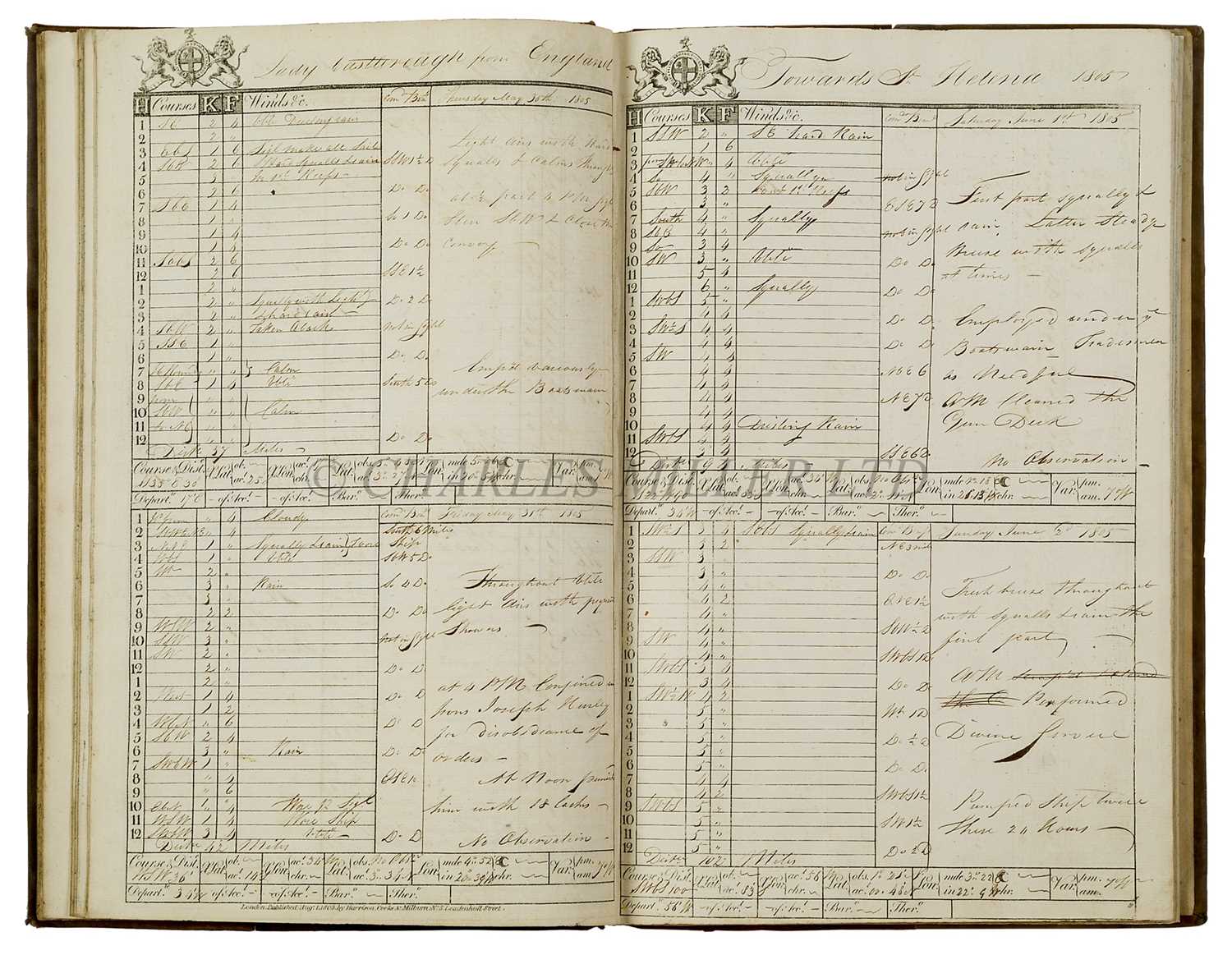 Lot 16 - EAST INDIA COMPANY LOGS FOR THE SHIPS LADY CASTLEREAGH AND LORD ELDON, 1805