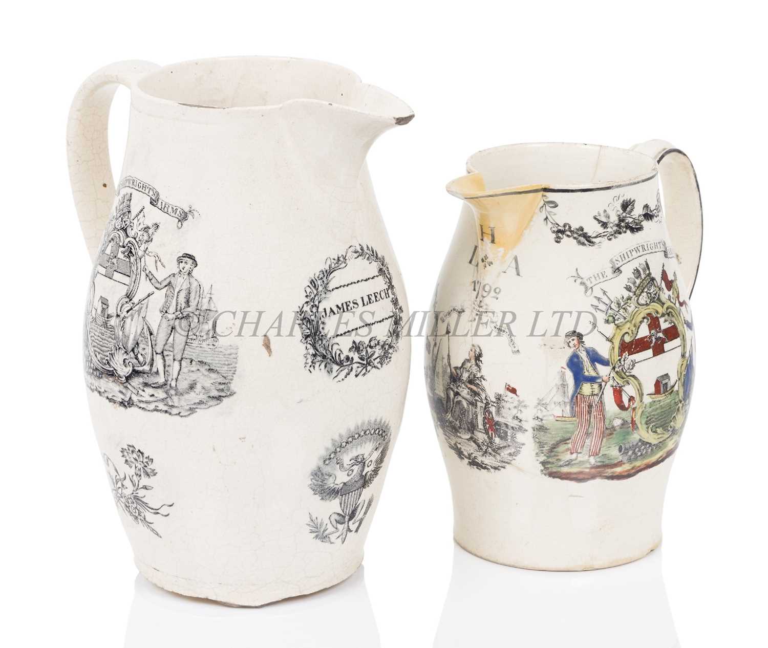 Lot 33 - A LIVERPOOL PORCELAIN JUG FOR THE WORSHIPFUL COMPANY OF SHIPWRIGHTS, CIRCA 1792