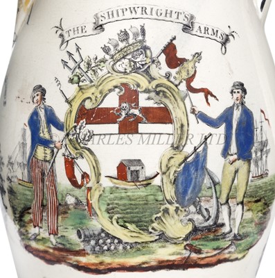 Lot 33 - A LIVERPOOL PORCELAIN JUG FOR THE WORSHIPFUL COMPANY OF SHIPWRIGHTS, CIRCA 1792
