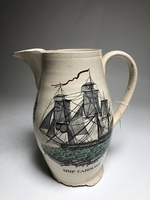 Lot 33 - A LIVERPOOL PORCELAIN JUG FOR THE WORSHIPFUL COMPANY OF SHIPWRIGHTS, CIRCA 1792