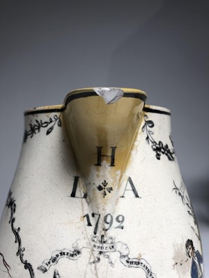 Lot 33 - A LIVERPOOL PORCELAIN JUG FOR THE WORSHIPFUL COMPANY OF SHIPWRIGHTS, CIRCA 1792