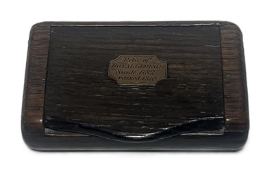 Lot 71 - A MID 19TH CENTURY TREEN SNUFF BOX MADE OF TIMBER TAKEN FROM 'ROYAL GEORGE'
