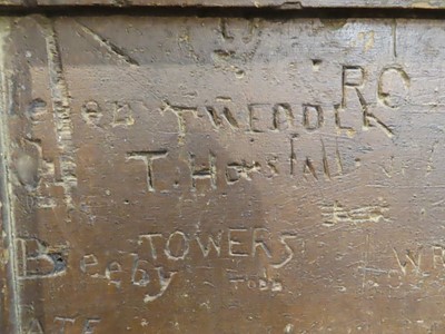 Lot 197 - PRISON HULK GRAFFITI, A PINE BULKHEAD PANEL FROM HMS 'DROMEDARY', BERMUDA, 1852-56