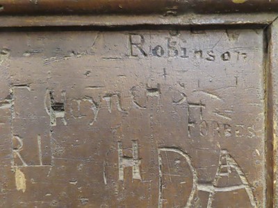 Lot 197 - PRISON HULK GRAFFITI, A PINE BULKHEAD PANEL FROM HMS 'DROMEDARY', BERMUDA, 1852-56