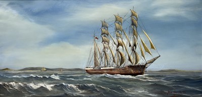 Lot 90 - JOHN HAMILTON (BRITISH, 1919-1993) The four-masted barque 'Passat' off the coast under sail