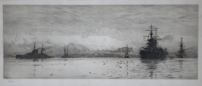 Lot 49 - WILLIAM LIONEL WYLLIE (BRITISH, 1851-1931) Battle Cruisers in the Firth of Forth off Leith