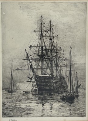 Lot 50 - WILLIAM LIONEL WYLLIE (BRITISH, 1851-1931) H.M.S. 'Victory' firing a salute