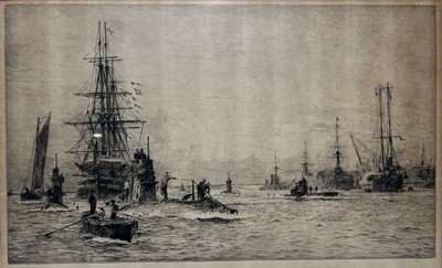 Lot 51 - WILLIAM LIONEL WYLLIE (BRITISH, 1851-1931) H.M.S. 'Victory' and Submarines in Portsmouth Harbour